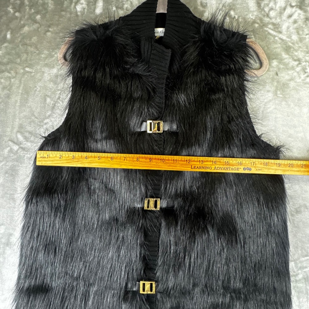Calvin Klein Faux Fur Vest Womens XL Black Ribbed Knit Gold Buckle Zip (1617) - Picture 8 of 10